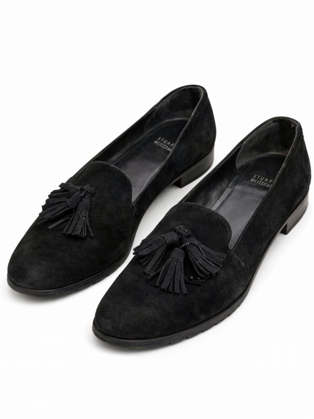$525 STUART WEITZMAN Women's Guything Black Tassel Block Heel Loafers - Size 9